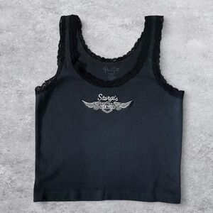 John Galt Sturgis Ride Free Lace Trim Tank Top Black Ribbed Cotton